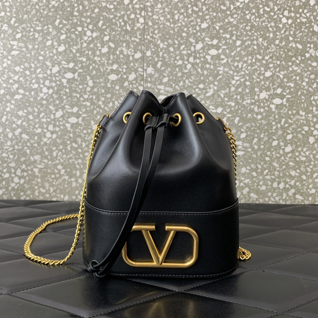 Valentino Garavani VLogo Signature Mini Bucket Bag in Black Nappa Leather 